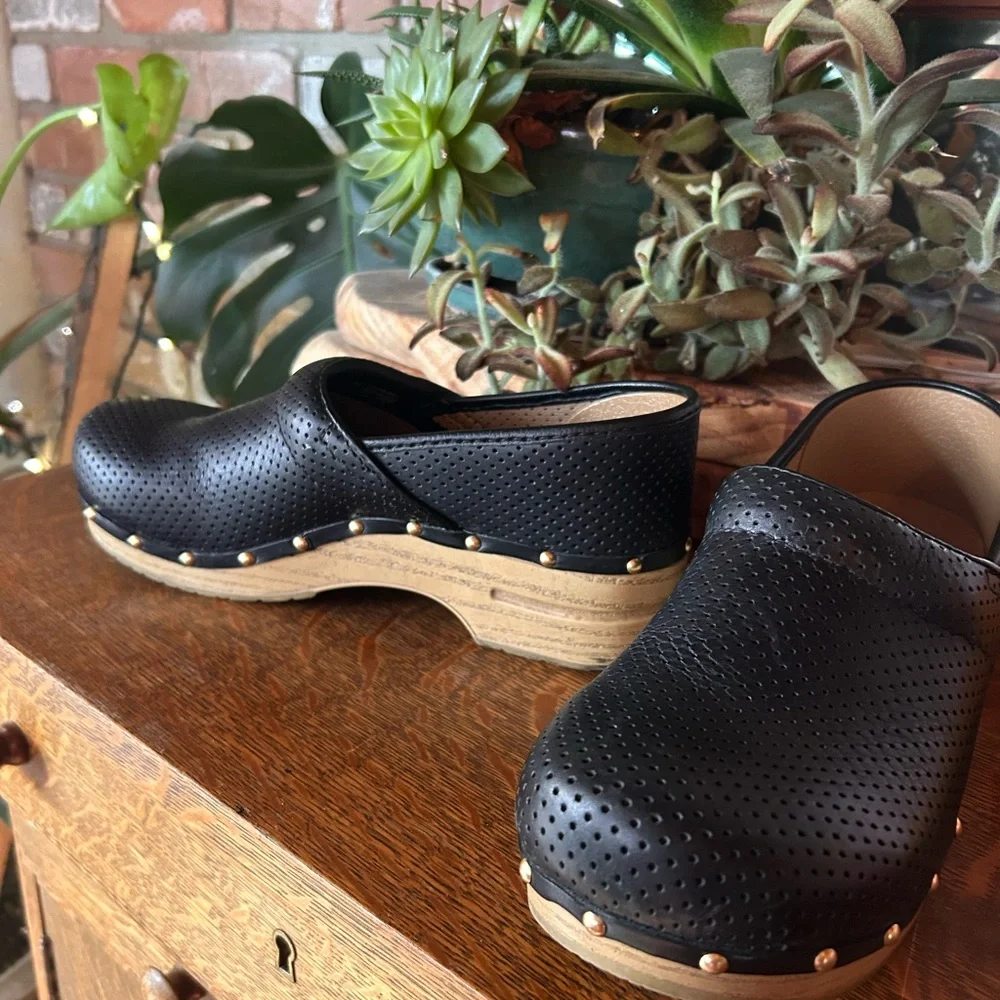Dansko Black Perforated Clogs with Tan Sole - Picture 3 of 14